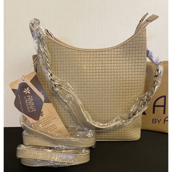 ANUSCHKA Almond Woven Genuine Leather TopZip Bucket Shoulder Bag Crossbody Purse - Picture 2 of 8